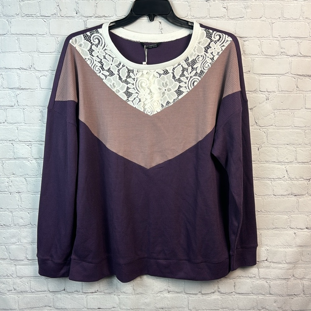 BloomChic Purple Lace Accent Waffle Knit Top Plus Size 1X - Picture 2 of 7